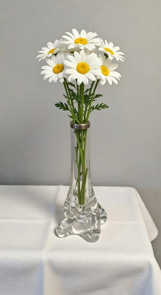 Clear Art Glass Bud Vase with Silver Rim – Decorative Glass Vase with Sculpted Base
