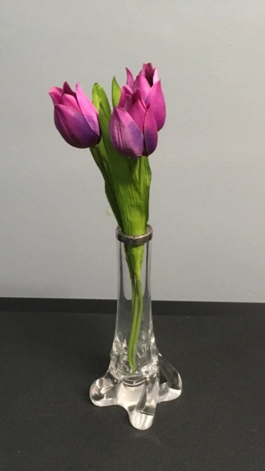 Clear Art Glass Bud Vase with Silver Rim – Decorative Glass Vase with Sculpted Base