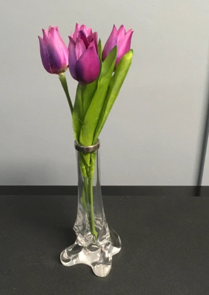 Clear Art Glass Bud Vase with Silver Rim – Decorative Glass Vase with Sculpted Base