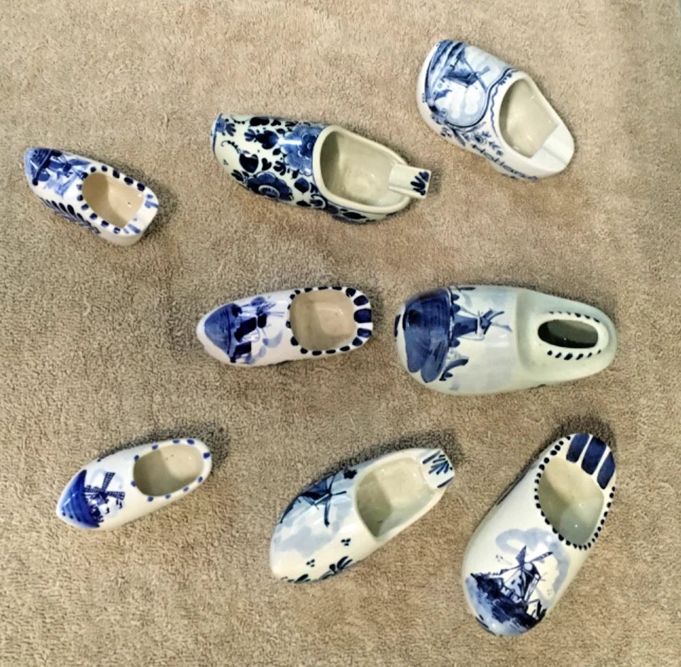Vintage Delft Blue Clog Ashtrays Set (8) – Hand Painted Holland Ceramic Mini Clogs Collectibles