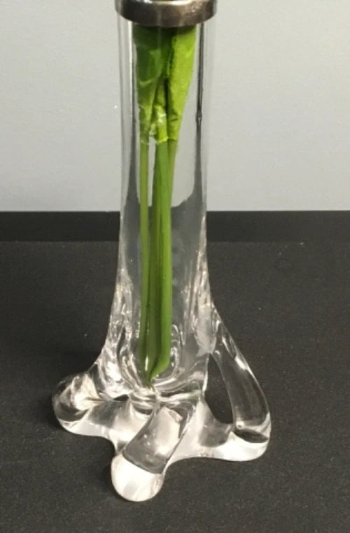 Clear Art Glass Bud Vase with Silver Rim – Decorative Glass Vase with Sculpted Base