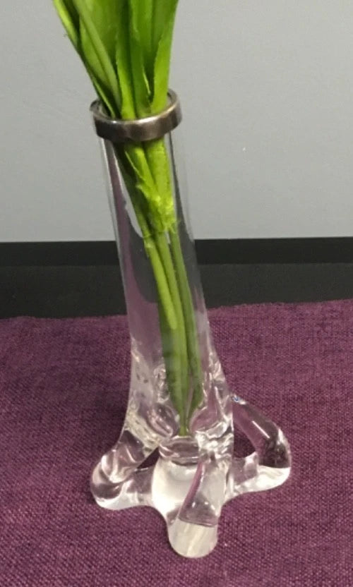 Clear Art Glass Bud Vase with Silver Rim – Decorative Glass Vase with Sculpted Base