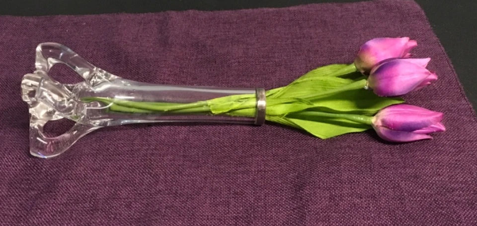 Clear Art Glass Bud Vase with Silver Rim – Decorative Glass Vase with Sculpted Base