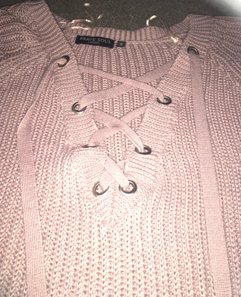 BRAVE SOUL DUSKY PINK LACE UP V-NECK JUMPER