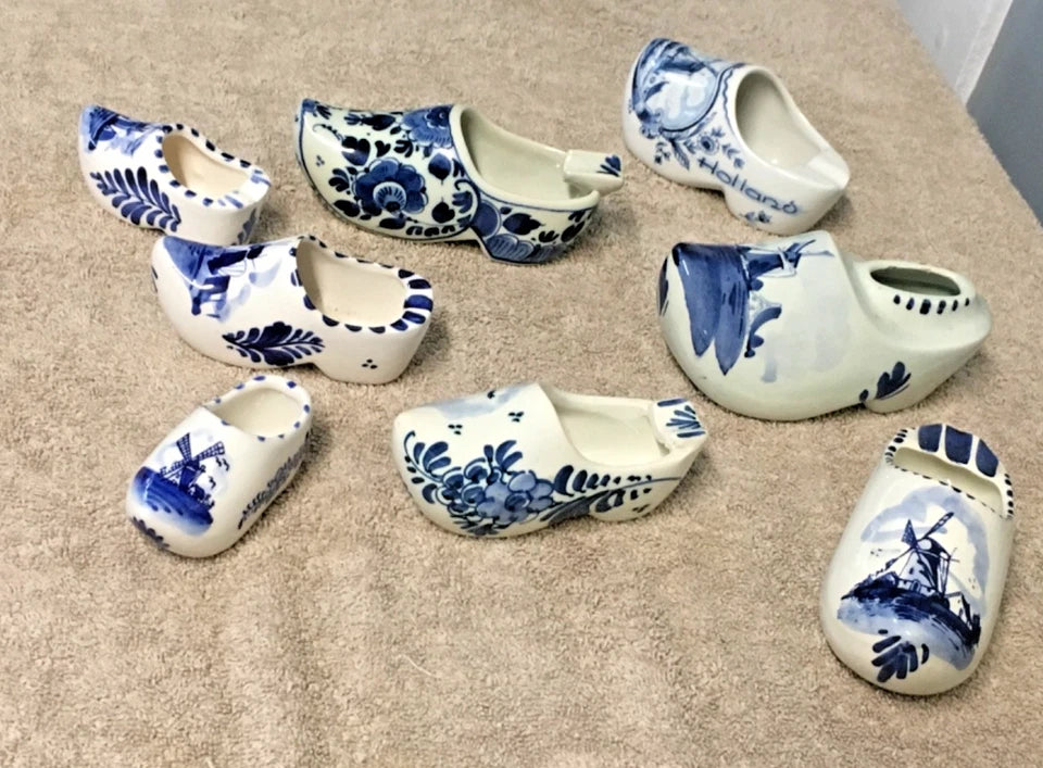 Vintage Delft Blue Clog Ashtrays Set (8) – Hand Painted Holland Ceramic Mini Clogs Collectibles