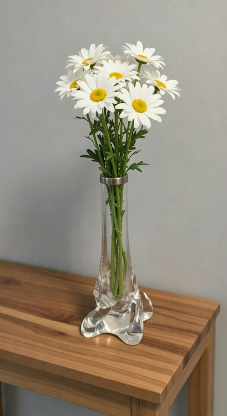 Clear Art Glass Bud Vase with Silver Rim – Decorative Glass Vase with Sculpted Base