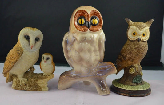 BIRD FIGURINES THREE OWLS OWL ON BRANCH OWL AND OWLET & OWL ON BASE - TMD167207