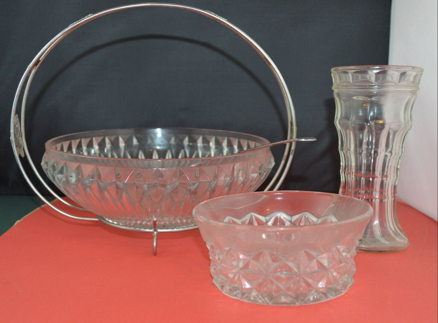 CUT GLASS VASE CUT GLASS SERVER WITH METAL HOLDER CUT GLASS SMALL DISH(PREVIOUSLY OWNED) GOOD CONDITION - TMD167207
