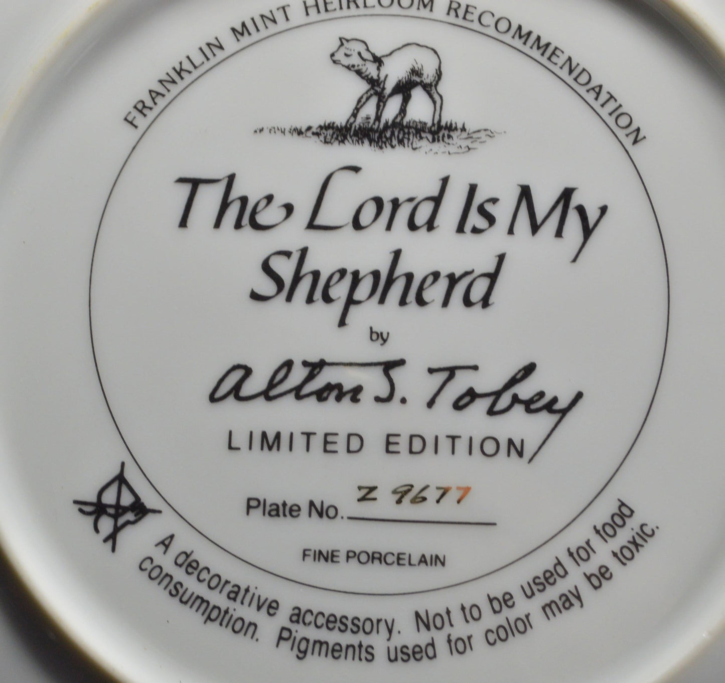 FRANKLIN MINT HEIRLOOM RECOMMENDATION COLLECTOR PLATE THE LORD IS MY SHEPHERD - TMD167207