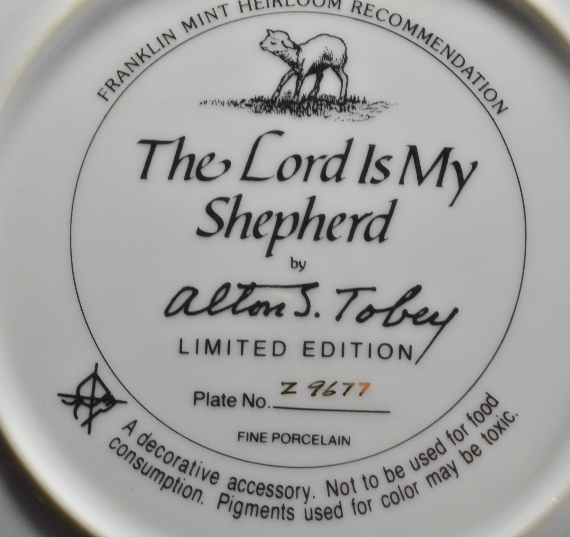 FRANKLIN MINT HEIRLOOM RECOMMENDATION COLLECTOR PLATE THE LORD IS MY SHEPHERD - TMD167207