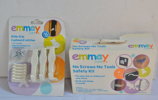 NEW EMMAY NO SCREWS NO TOOLS SAFETY KIT & 2 EMMAY WIDE GRIP CUPBOARD LATCHES x 6 - TMD167207