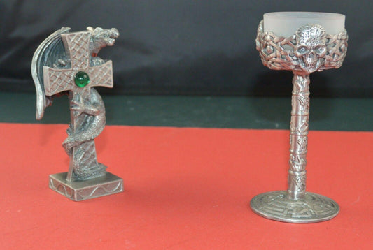 ONE METAL CAST TEALIGHT HOLDER & ONE DRAGON ON A CROSS w/GREEN FAKE GEM - TMD167207