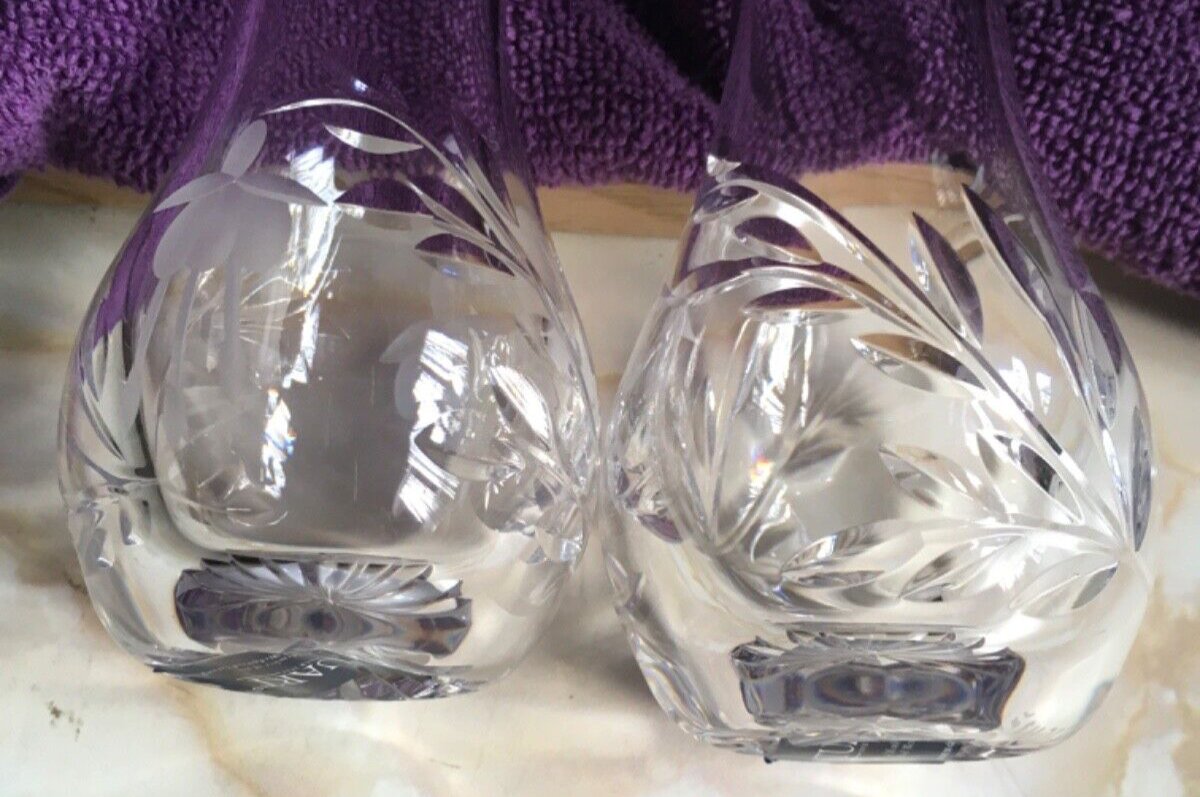PAIR OF STUART CRYSTAL CUT GLASS VASES 5 INCHES TALL FUCHSIA DESIGN - TMD167207