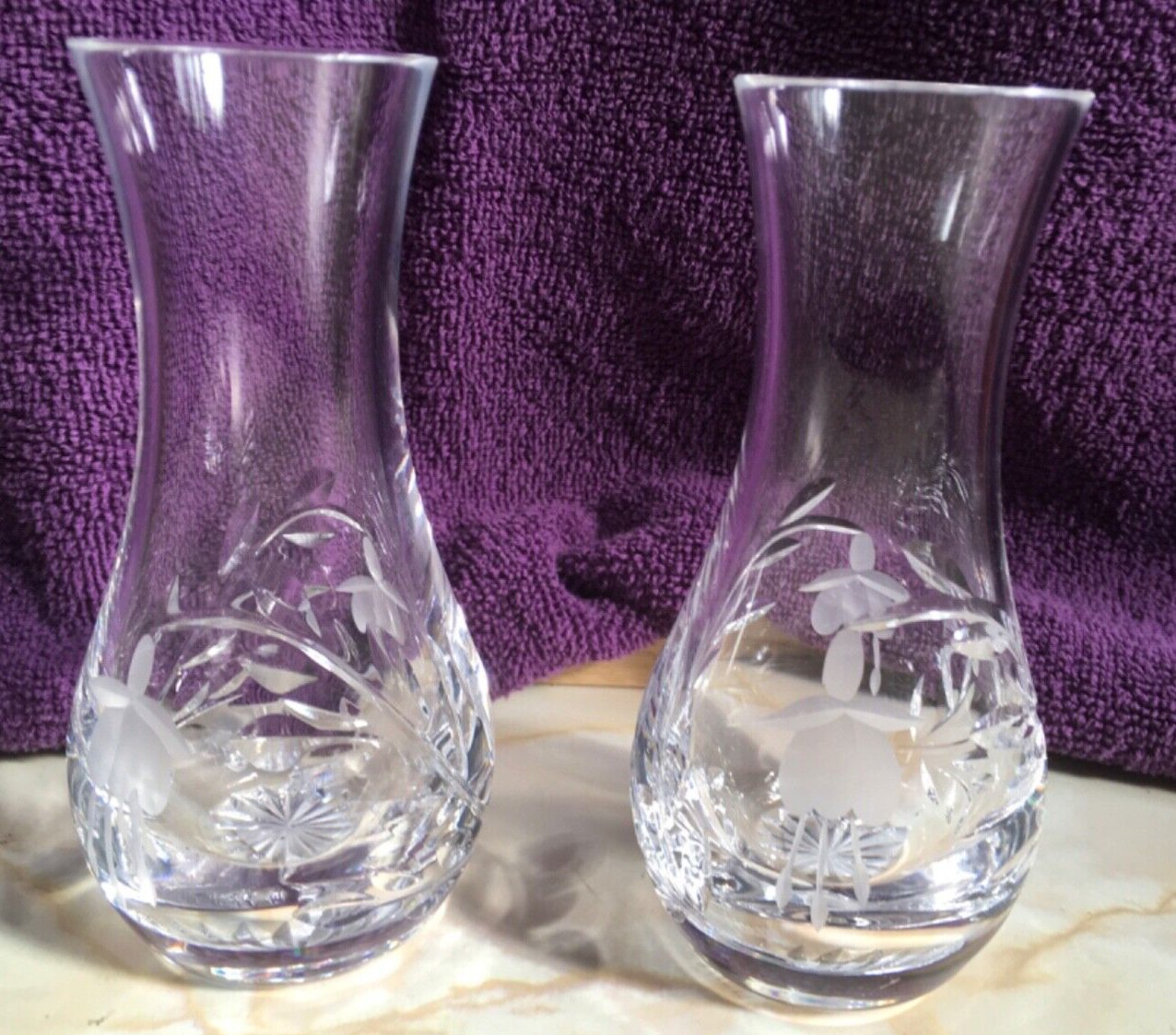 PAIR OF STUART CRYSTAL CUT GLASS VASES 5 INCHES TALL FUCHSIA DESIGN - TMD167207
