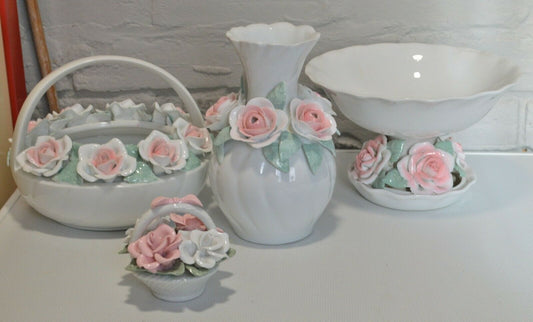 TABLEWARE FOUR DECORATIVE ITEMS WITH PINK ROSES BASKETS BOWL & VASE( PREVIOUSLY OWNED) GOOD CONDITION - TMD167207