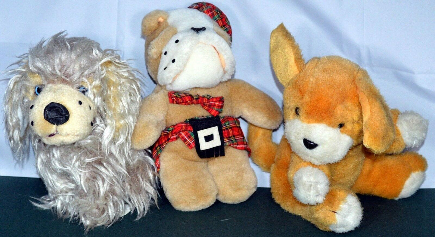 THREE SOFT TOY DOGS A SHAGGY DOG/A DOG IN A TARTAN OUTFIT/A GOLDEN BROWN DOG(PREVIOUSLY OWNED)GOOD CONDITION - TMD167207