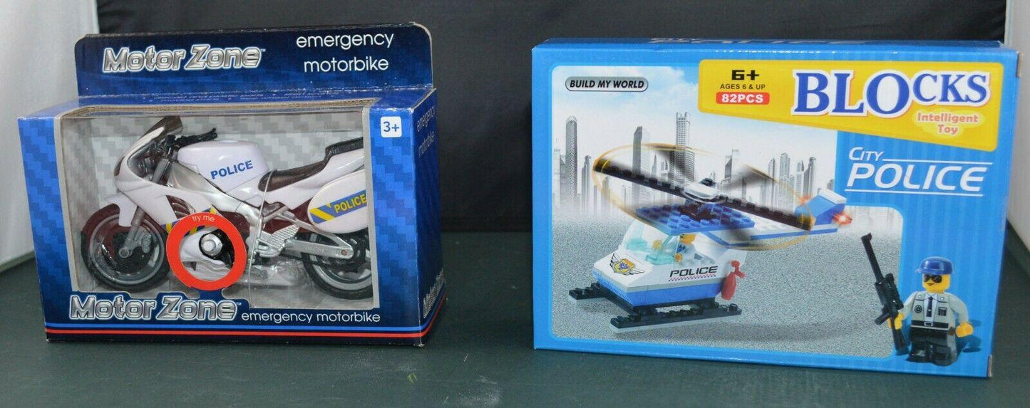 TOY MOTORZONE EMERGENCY MOTORBIKE AND BUILD MY WORD BLOCKS CITY POLICE HELICOPTER - TMD167207